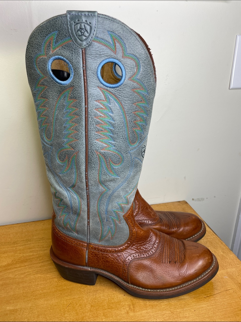 Ariat Brown Foot with Light Blue Embroidered Shaft Cowboy Boots. Size 11D